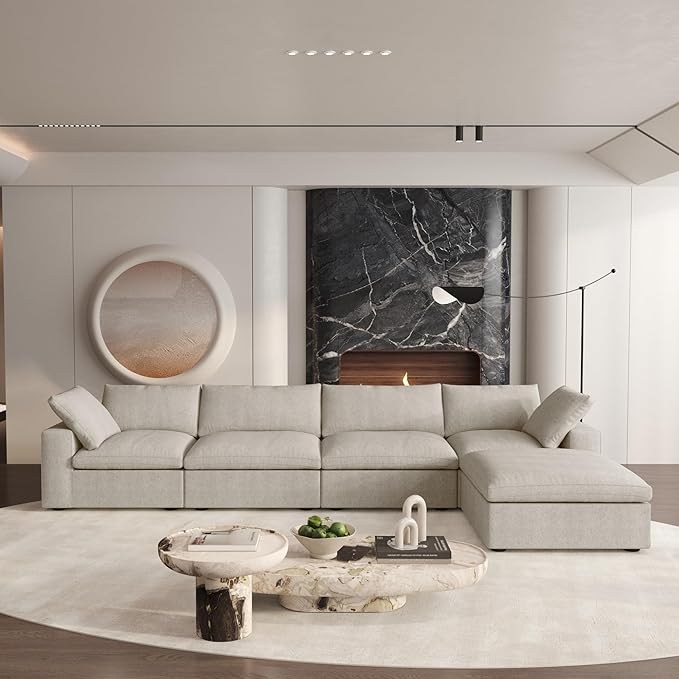 Cloud Couch Modular Sectional Sofa,160.6" Down Filled Couch with Storage Ottoman,4 Seater +1 Ottoman, Convertible Sectional Sofa for Living Room,Covers Removable & Washable, Khaki
