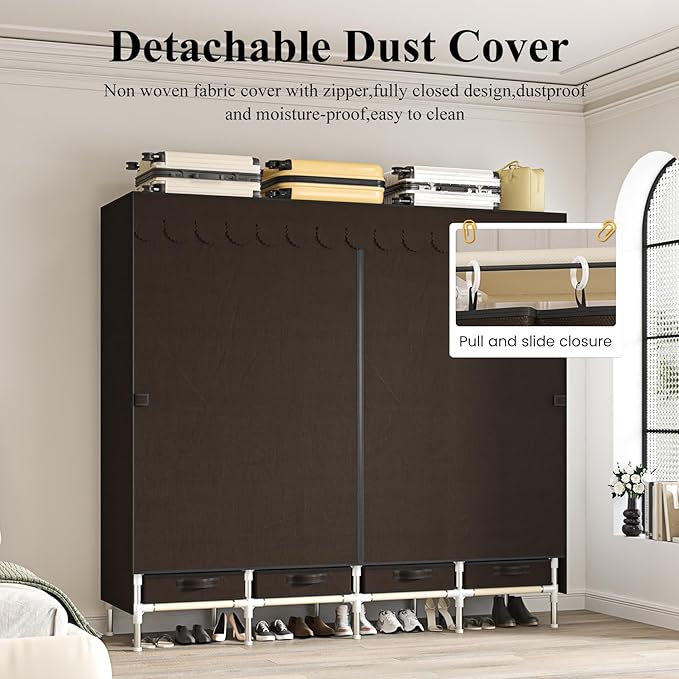 Portable Wardrobe with 4 Drawers, 4 Hanging Rods - 67" Tall Sweater Organizer, Sturdy Easy Temporary Bedroom Wardrobe Organizer, Brown