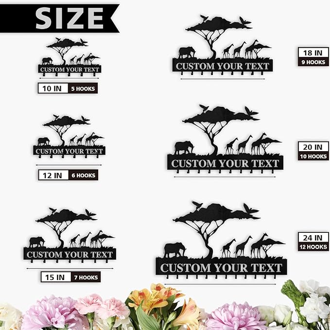 Personalized Key Holder for Wall | Custom Name Metal Cabin Key Hooks | Coat Hook Key Rack Wall Mount | Metal Wall Key Holder | Animal Theme African Art Decor for Living Room Hallway Office