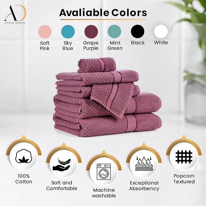 Ample Decor Grape Purple Wash Cloth Set of 5 100% Cotton - Quick Dry, Highly Absorbent, Popcorn Textured - Mulaayam Collection - 12 X 12 Inch