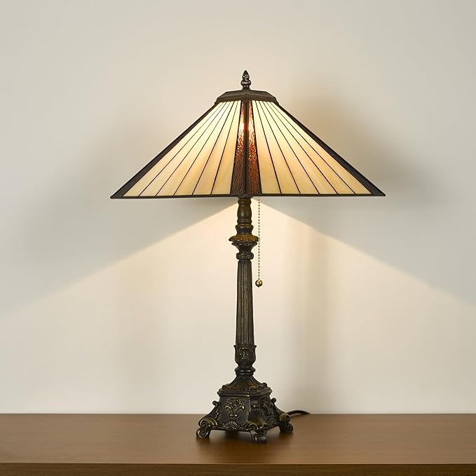 Tiffany Table Lamps Yellow Brown Stained Glass Striped Checkered Style Mission Desk Lamp 12X12X24 Inch Bronze Resin Base