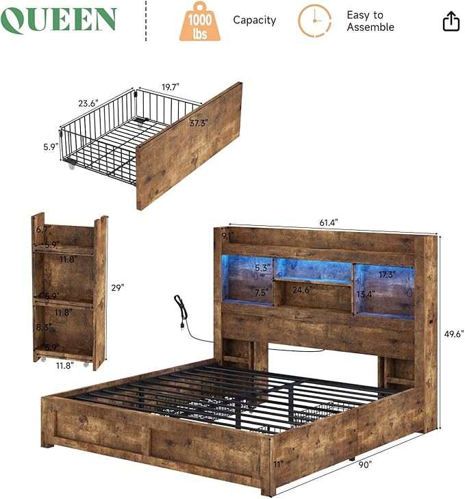 AMERLIFE Full Bed Frame with 4 Storage Drawer, LED Bed Frame with 49.6" Tall Bookcase Headboard, Wood Platform Bed with Charging Station & 2 Slide Bedside Shelf, No Box Spring Needed/Rustic Brown