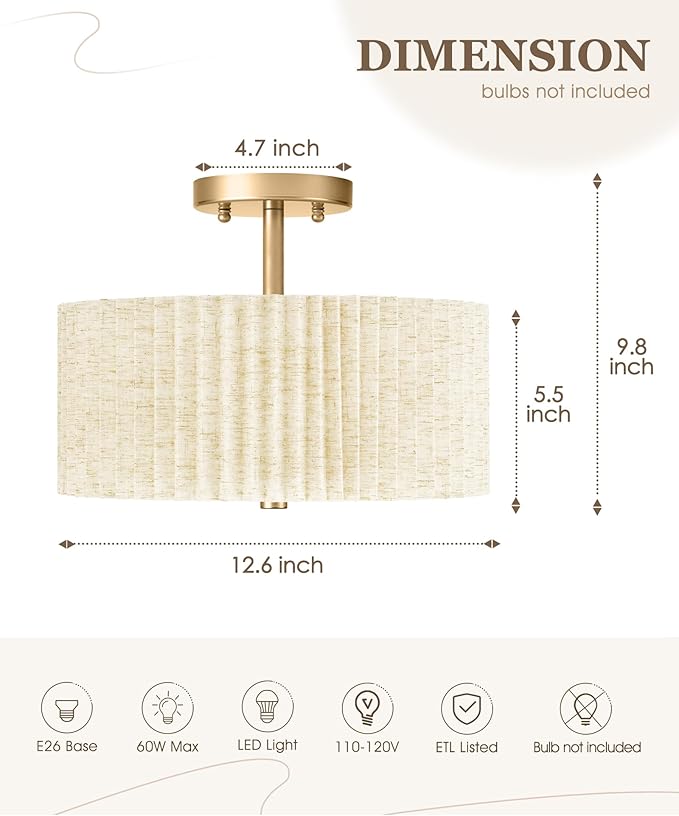 Gold Semi Flush Mount Ceiling Lights, 3-Light 12.5" Light Fixtures Ceiling Mount with Pleated Linen Fabric Shade, Drum Lighting Fixture for Hallway Nursery Bedroom Kitchen, AD-25036-3SF-GD-B