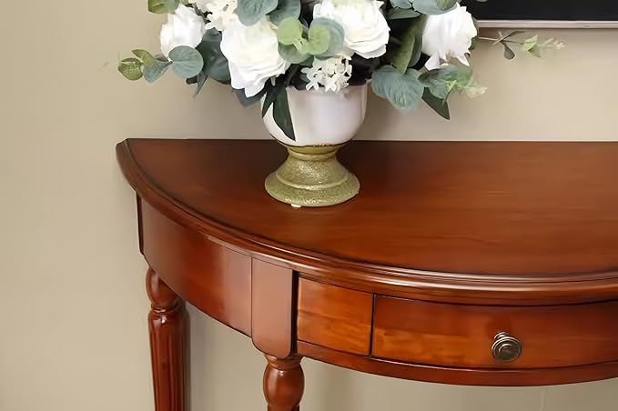 Solid Wood Console Table with Drawer, Semi-Circle Entryway Storage Shelf, Half-Moon Porch Table Side Elegant Vintage Sofa for Living Room (39.4" L x 15.7" W x 34.4" H)