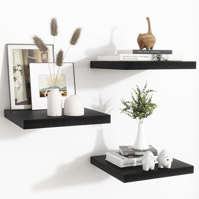 Fun Memories Floating Shelves for Wall - 12 Inch Square Shelves with Invisible Brackets, Black Small Wall Shelf for Living Room, Bathroom, Bedroom, and Kitchen Decor，Set of 3