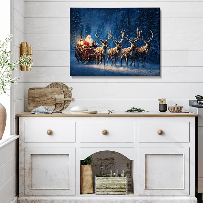 Vintage Santa's Sleigh Christmas Canvas Wall Art - Festive Winter Journey Framed Print for Bedroom Decor, Rustic Christmas Wall Art with Wood Frame, Ideal Christmas Gifts & Cozy Holiday Decorations