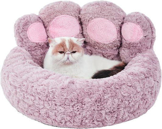 Jiupety Paw Shape Calming Pet Bed, Plush Faux Fur Donut Bed for Dogs & Cats, Machine Washable, Non-Slip Bottom, Medium (22"×22"×6"), Purple