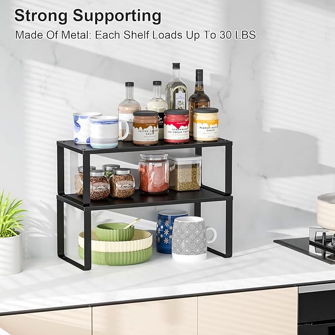 15.75" Long Stackable Expandable Metal Shelf Organizer For Kitchen Cabinet Counter Storage, Set of 2 Small Metal Storage Shelves Spice Rack For Kitchen Cupboard Countertop,Sturdy, 30LBS Heavy Duty