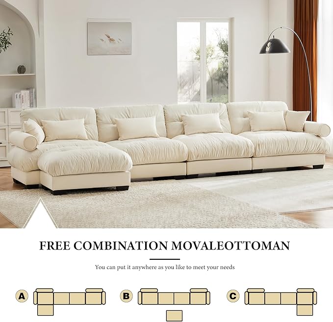166" Oversized Couch, 4 Seater Modular Sectional Sofa, Beige White Large L Shaped Couches, Fluffy Couches, 4 Seater, Velvet Cloud Couch with Ottoman, Sofas for Living Room