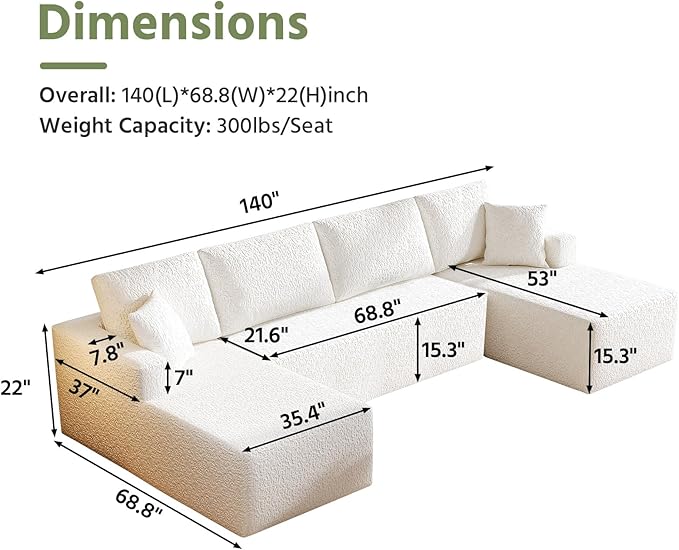 140" Modular U-Shaped Sectional Sofa, 7-Seater Cloud Couch with Double Chaise, Modern Sleeper Sofa,No Assembly Sectional Cloud Boneless Sofa Couches for Living Room/Apartment