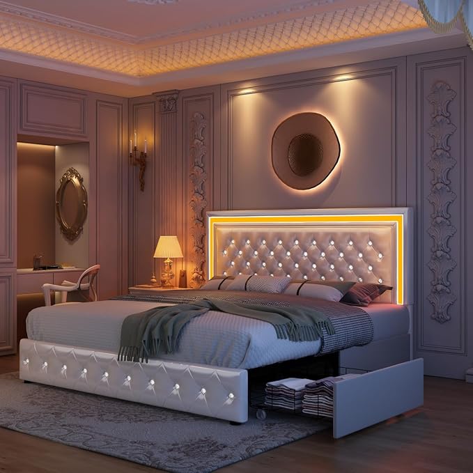 King Led Bed Frame with 4 Storage Drawers, Bed Frame with Led Lights, No Box Spring Needed, 900 lbs Capacity, Easy Assembly, PU White