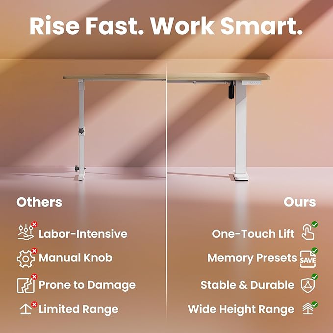 HUANUO 48" x 24" Electric Standing Desk Adjustable Height, 4 Memory Height Settings, Headphone Hook, Cable Manager, Sit Stand Up Desk for Home Office & Computer Workstation, Natural
