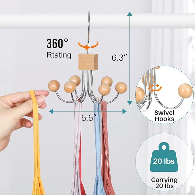 TOPIA HANGER Sweatshirt Hangers 2-Pack with 6 Wooden Balls, Purse Hanger, Scarf Hanger, Wooden Closet Hooks, Handbag Organizer, Bra Hanger, Accessory Organizers for Scarf, Tanktop, Hat, Hoodie CT82N