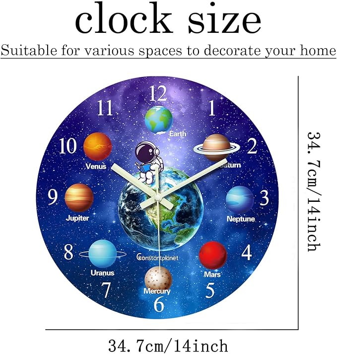 Silent Wall Clock Non Ticking 14 Inch Decorative Wall Clocks Battery Operated Blue Glow in The Dark Clock for Teen Bedroom