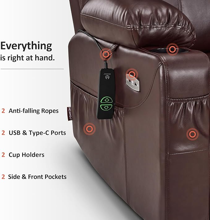 MCombo Large Power Lift Recliner Chair with Massage and Heat for Tall Elderly People, 3 Positions, Cup Holders, and USB Ports, Faux Leather 7516 (Large, Dark Brown)