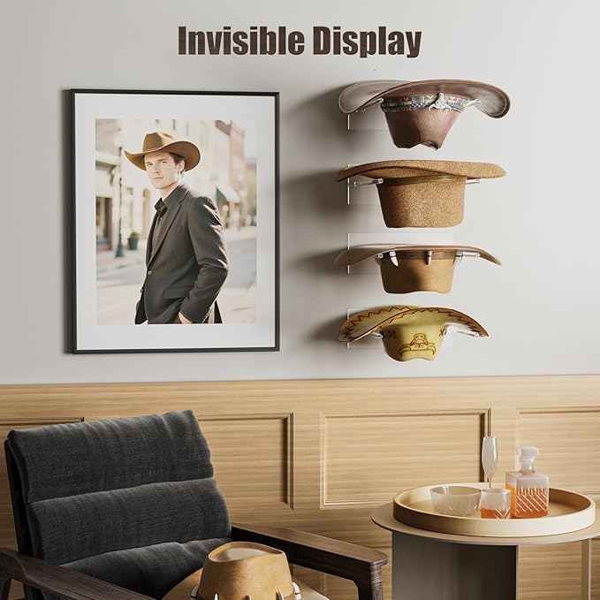 Cowboy Hat Rack for Wall: 4 Pack Acrylic Hat Holder Organizer - Western Rustic Wall Mounted Hat Hanger Stand for Cowboy Hat, Fedora, Sun Hats