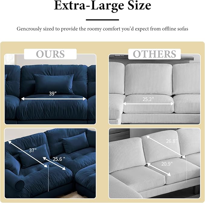 130" Oversized L Shaped Sectional Sofa, 3 Seater Modular Velvet Cloud Couch with Ottoman, Blue Large Fluffy Couch Set for Living Room