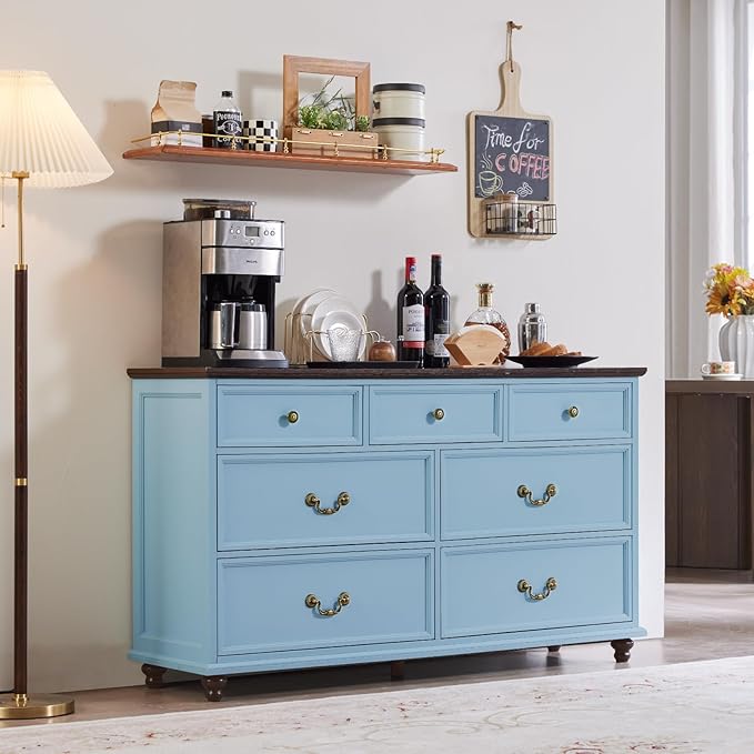 24" Wide Farmhouse Nightstand with Charging Station Set of 2,54" 7 Drawers Dresser, 37" Tall Rustic Chests of Drawers, Farmhouse Furniture Series for Bedroom,LightBlue