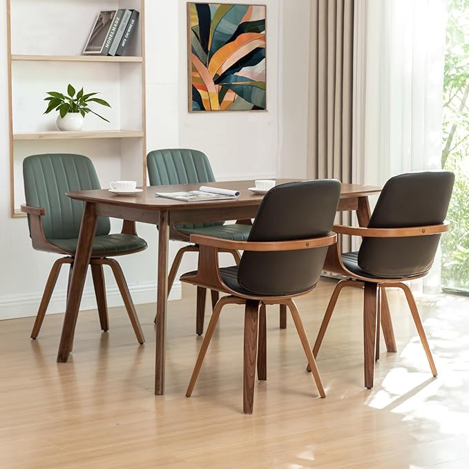Swivel Dining Chairs Set of 4, Mid Century Modern Dining Chairs with Walnut Craftsmanship, Upholstered Faux Leather , Wooden Arms and Legs, Kitchen Chairs with Arms for Kitchen/Living Room - Beige
