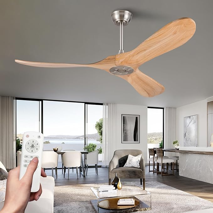 52 Inch Solid Wood Ceiling Fan with Remote,Outdoor Ceiling Fan no Light,6 Speeds,Noiseless,Reversible DC Motor,Modern Ceiling Fans without Lights for Bedroom Farmhouse Patios Study Brushed Nickel