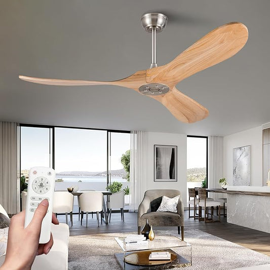 52 Inch Solid Wood Ceiling Fan with Remote,Outdoor Ceiling Fan no Light,6 Speeds,Noiseless,Reversible DC Motor,Modern Ceiling Fans without Lights for Bedroom Farmhouse Patios Study Brushed Nickel