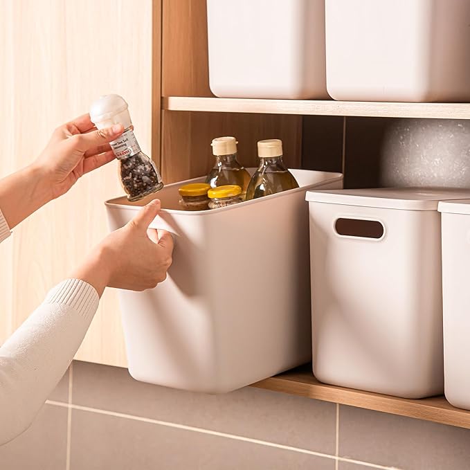 Plastic Storage Bins with lids,Storage Baskets,Container with handle,Storage Organizer Bins for Shelves,Office,Bedrooms,Closets, Cabinets(Gray,3L)