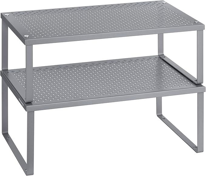 SONGMICS Spice Racks, Set of 2 Metal Cabinet Shelf Organizers, Countertop Organizers, Shelf Risers, Stackable, Expandable, Silver UKCS401G01