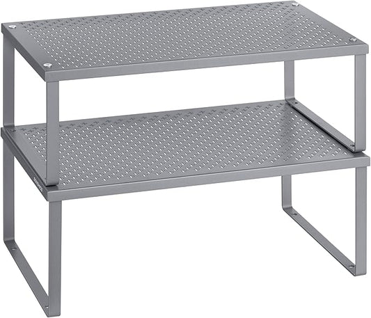 SONGMICS Spice Racks, Set of 2 Metal Cabinet Shelf Organizers, Countertop Organizers, Shelf Risers, Stackable, Expandable, Silver UKCS401G01