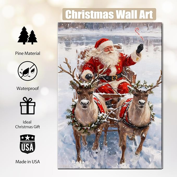 Vintage Santa in Sleigh with Reindeer Christmas Canvas Wall Art - Classic Framed Prints for Living Room & Office, Cozy Winter Snow Scene Nature Decor, Ideal Christmas Gifts & Festive Decorations