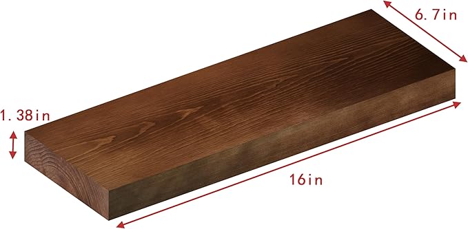 foxsky 16 Inch Solid Pine Wood Floating Shelves for Wall with Hidden Brackets, Rustic Farmhouse Wall Mounted Shelf for Bathroom, Living Room, Bedroom, Kitchen, Office Decor (Walnut)