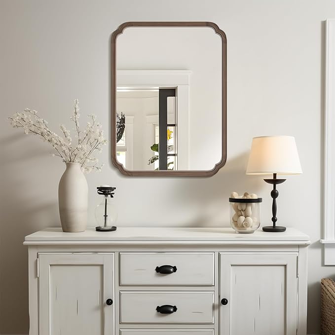 WallBeyond 30" x 40" Wood Bathroom Mirror for Wall Mounted, Rustic Rounded Corner Vanity Mirror for Entryway, Living Room or Bedroom Home Decorative [30" x 40" Walnut Color]