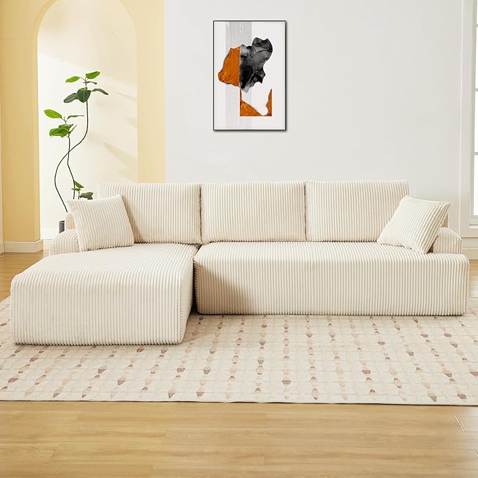 Sectional Cloud Couch for Living Room L Shaped Couch with 3 Seat Ind. Chaise Longue Corduroy Fabric Boneless Modular Modern Sofa with Pillows for Apartment and Small Space White