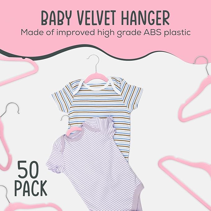 50 Premium Baby Velvet Hangers - 11.8 Inches Non-Slip & Ultra-Slim Baby Hangers for Space-Saving & Children Clothes - 360 Swivel Hook, Strong & Durable Infant & Toddler Clothes Hanger - Pink
