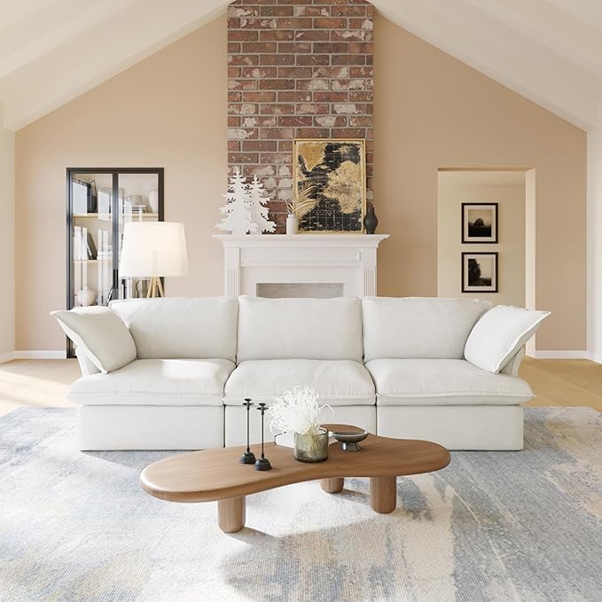 WJShome 122.82" Cloud Modular Sectional Sofa, Modern Comfy Couch Filled with Down, Minimalist Wide Deep Seat Couches for Living Room Apartment Lounge Bedroom (White, 3 Seater)