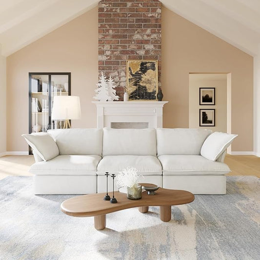 WJShome 122.82" Cloud Modular Sectional Sofa, Modern Comfy Couch Filled with Down, Minimalist Wide Deep Seat Couches for Living Room Apartment Lounge Bedroom (White, 3 Seater)