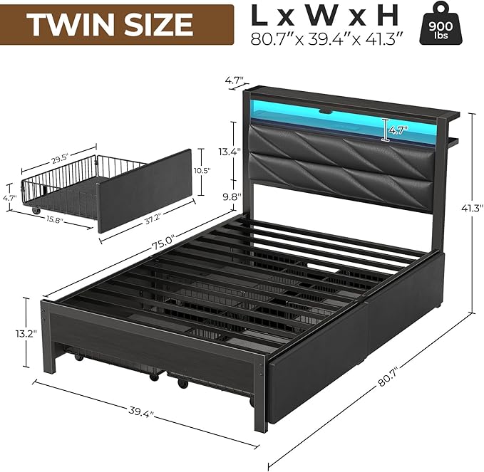 Seventable Twin Bed Frame with 4 Storage Drawers, Charging Station & LED Lights, Upholstered Headboard with 2-Tier Shelves, Metal Platform Bed, No Box Spring Needed, Noise-Free, Black