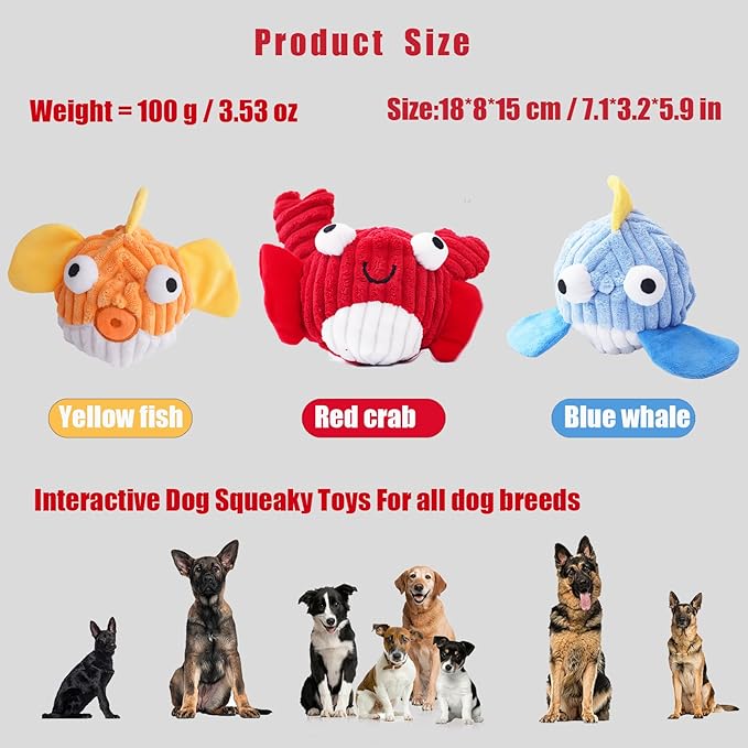 Squeak Dog Toys for Aggressive Chewers, No Stuffing Squeak Dog Chew Toys for Aggressive Chewers, Interactive Dog Toy Ball with Crinkle Paper for Medium Dogs, Large & Small Breeds (D-Crab+Whale)