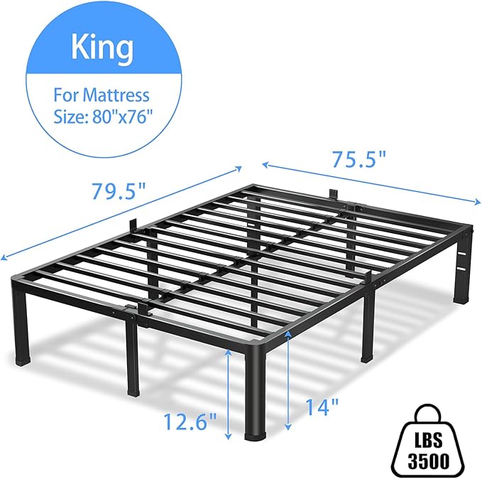 14 Inch King Size Bed Frame, 3500Lbs Heavy Duty Metal Platform with Round Corner Legs Mattress Slide Stopper, Steel Slat Support No Box Spring Needed, Noise Free, Non-Slip, Easy Assembly