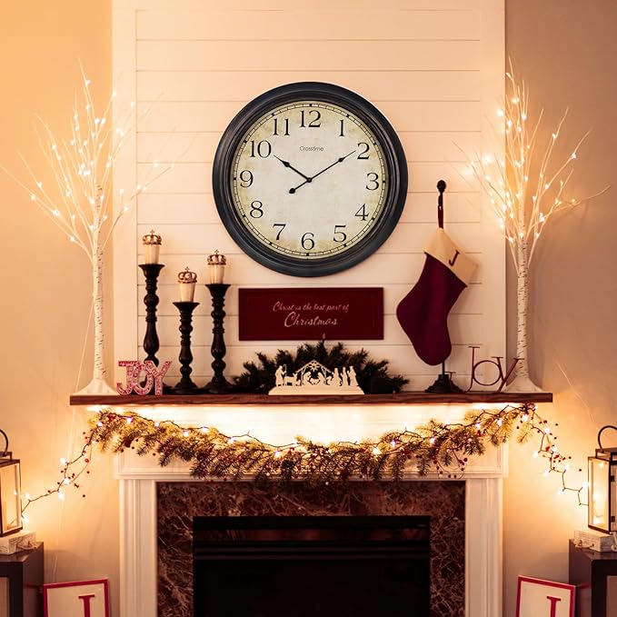 24 Inch Wall Clock Battery Operated Silent Round Vintage Large Wall Clocks for Living Room Farmhouse Decor, Black-Brown