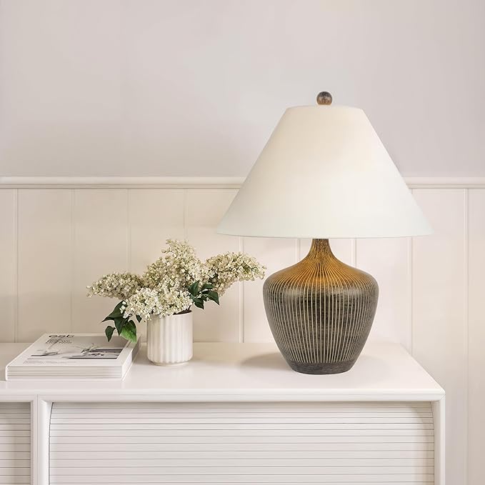Abani Table Lamp Camille Tapered Vase 22” – Brown Ceramic Base with White Linen Shade – E26 Bulb Included – Transitional Desk Lamp for Bedroom, Living Room Lamp, Office or Nightstand