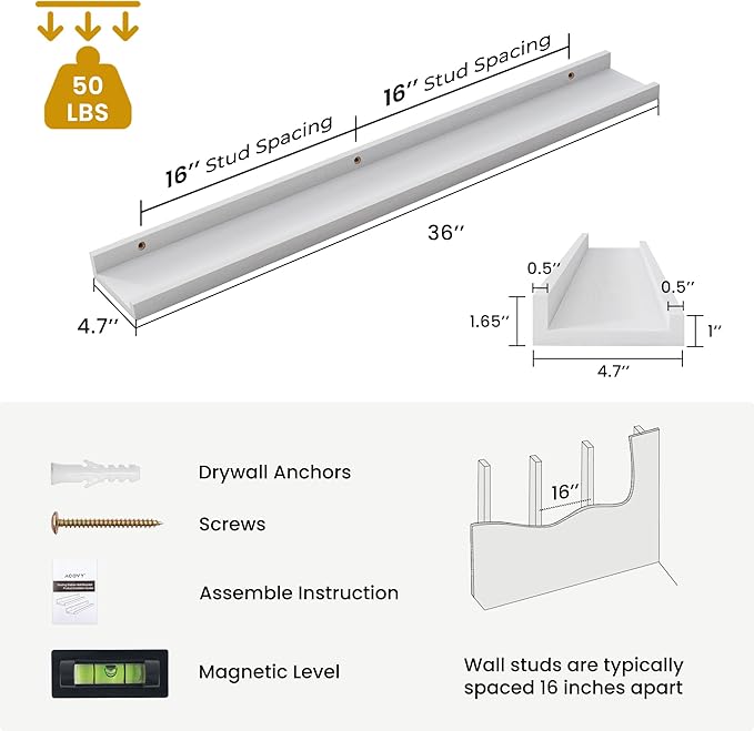 Solid Ash Wood Picture Ledge Shelf, 36 Inch Floating Shelves with Lip Set of 2, Photo Ledge Shelf Nursery Bookshelf Wall Mounted for Living Room Bedroom Decor, White