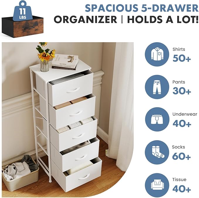 DUMOS Nightstand with 5 Drawers Bedside Table with Removable Fabric Bins Sturdy Steel Frame Wood Top Organizer Furniture for Bedroom Closet Living Room, White