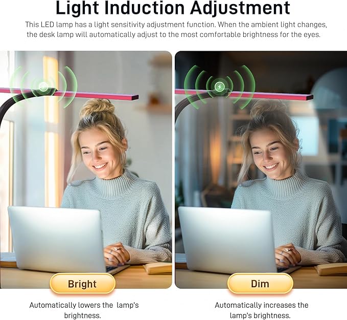 LED Desk Lamp for Home Office, Eye-Caring Desk Light with Clamp, 24W Double Head Architect Task Lamp Stepless Dimming, Flexible Gooseneck Bright Table Lamp for Study Reading Workbench Drafting Red