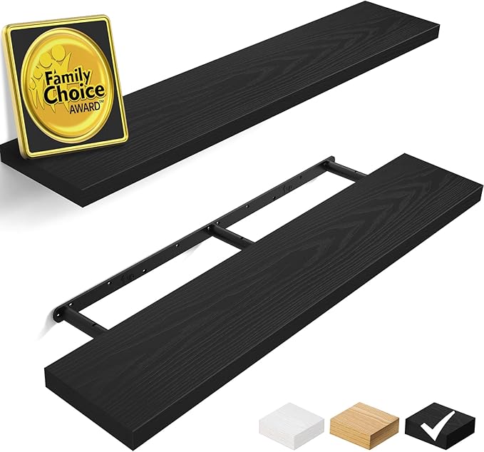 BAYKA Floating Shelves, 48 inches Long Heavy Duty Wall Mounted Rustic Wood Shelves for Bathroom, Bedroom, Living Room, Kitchen, Office, Hanging Shelf for Books/Storage/Decor(Black,Set of 2)