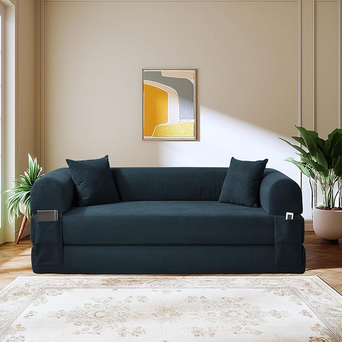 80" Convertible Sofa Bed,Folding Pull Out Couch with Pillows & Storage Pocket,Modular Corduroy Queen Sleeper Sofa in a Box,No Assembly Boneless Couch for Living Room,Navy Blue