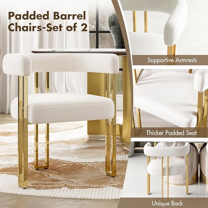 Beige and Gold Modern Dining Chairs Set of 2, Velvet Upholstered Barrel Armchairs with Metal Legs for Kitchen Island, Mid Century Accent Chairs for Dining Room Living Room, Open-Back