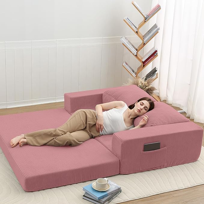 COMAX Convertible Sofa Bed Queen, Folding Fold Out Couch Bed, Floor Futon Couch Corduroy Sleeper Mattress with Back Pillows, Boneless Sofa Comfy Lounge Loveseat for Living Room Bedroom, Pink