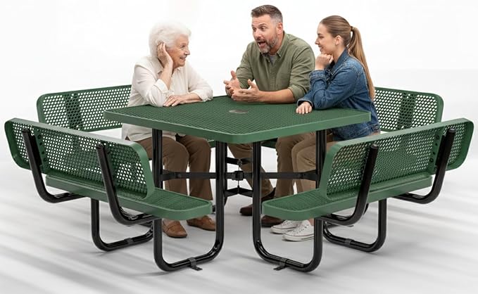 Metal Picnic Tables for Outdoors with Umbrella Hole - Coated Steel Heavy Duty Commercial Grade Furniture with Adjustable Seats (Green, 46 in, Square with Back, Expanded Steel)