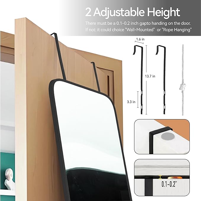 57x20 Door Hanging Full Length Mirror, Floor (Height 5.7ft just Body in 1.3ft) or Wall Mounted Metal Frame Rectangle Dressing Mirrors for Bedroom Bathroom Living Room 57 inch Black