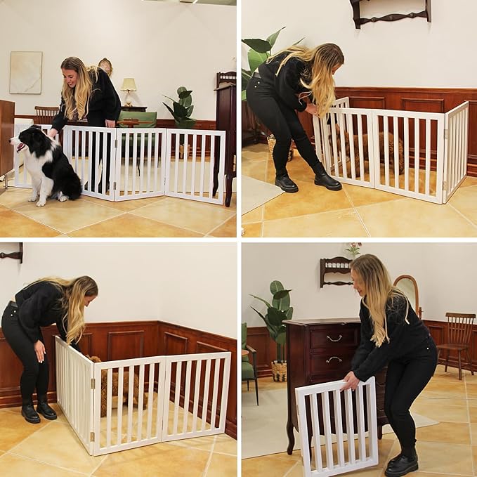 ZJSF Freestanding Indoor Dog Gate for House Foldable Wood White Puppy Gate for Doorways Pet Gate for Stairs Extra Wide Pet Fence 32" Height 4 Panels